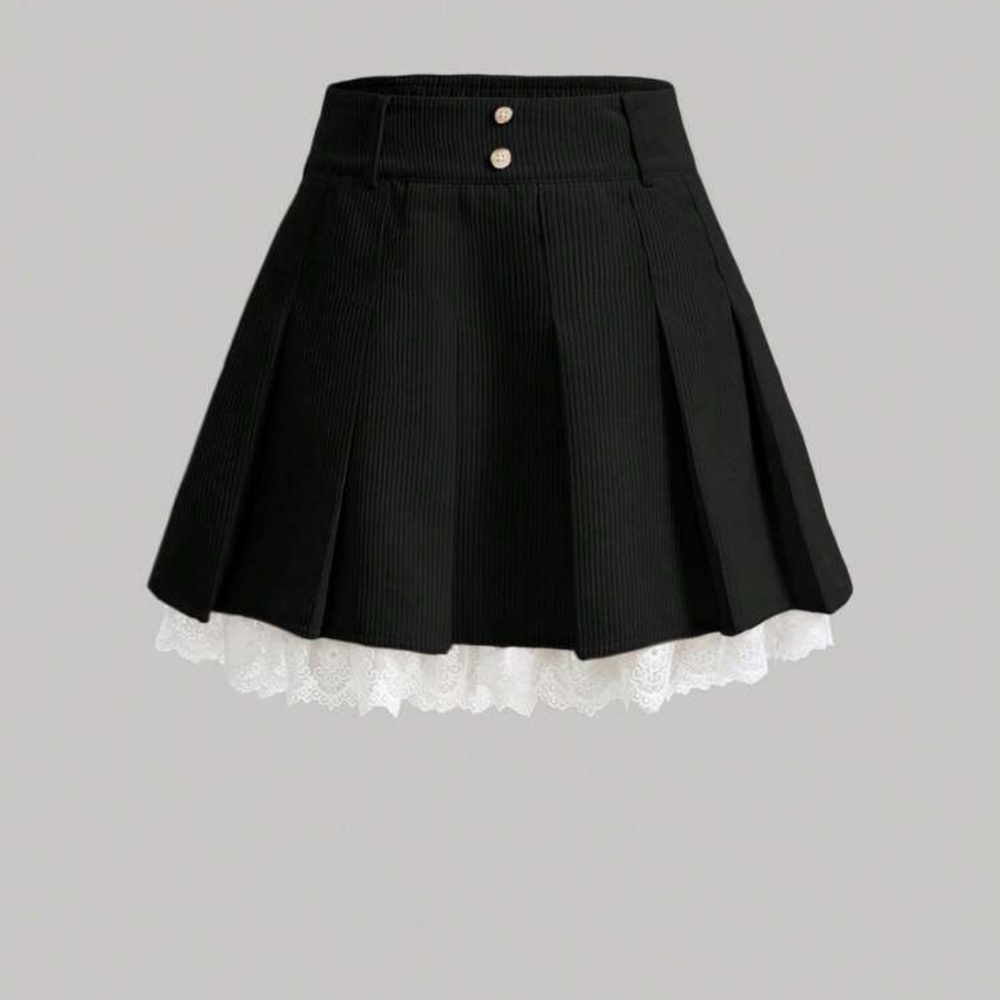 Black Pleated Mini Skirt with White Lace Trim